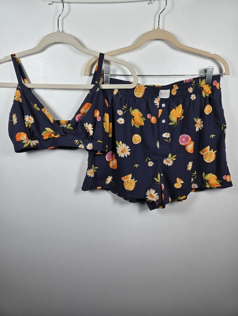 Old Navy Classic Woven Citrus Floral Navy 2pc Pajama Set Bralette Shorts S-M